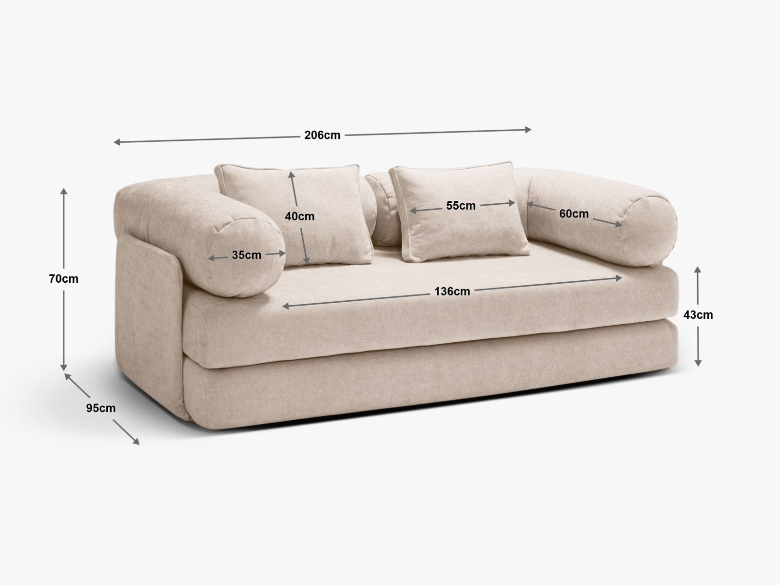 Stylisches 3-Sitzer Sofa Dreamy in zartem Rosa, multifunktional als Schlafsofa für gemütliche Abende, erhältlich bei Micadoni.