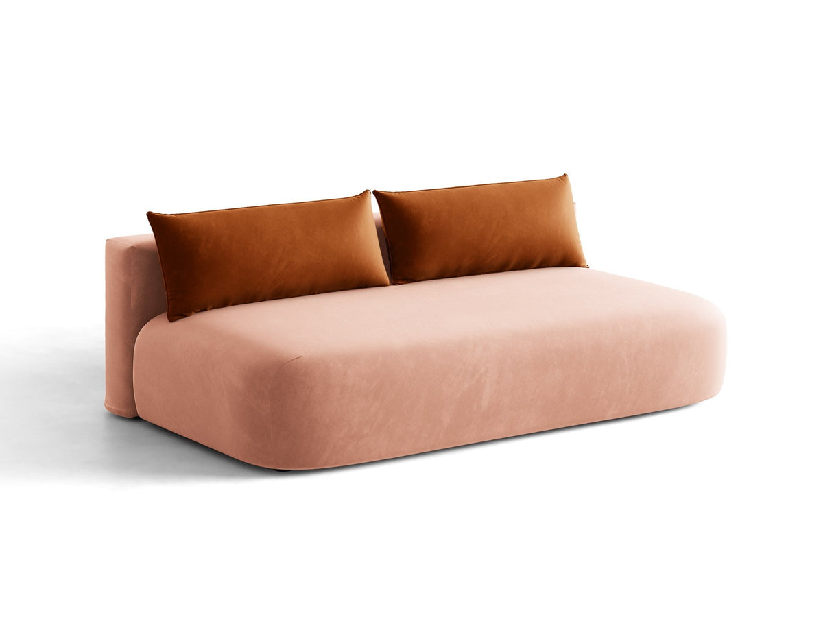 Beiges 3er Sofa Hena von Micadoni mit Chenille-Stoff, abgerundeter Form ohne Armlehnen, Kunststoffbeinen und sichtbarem Bettkasten.