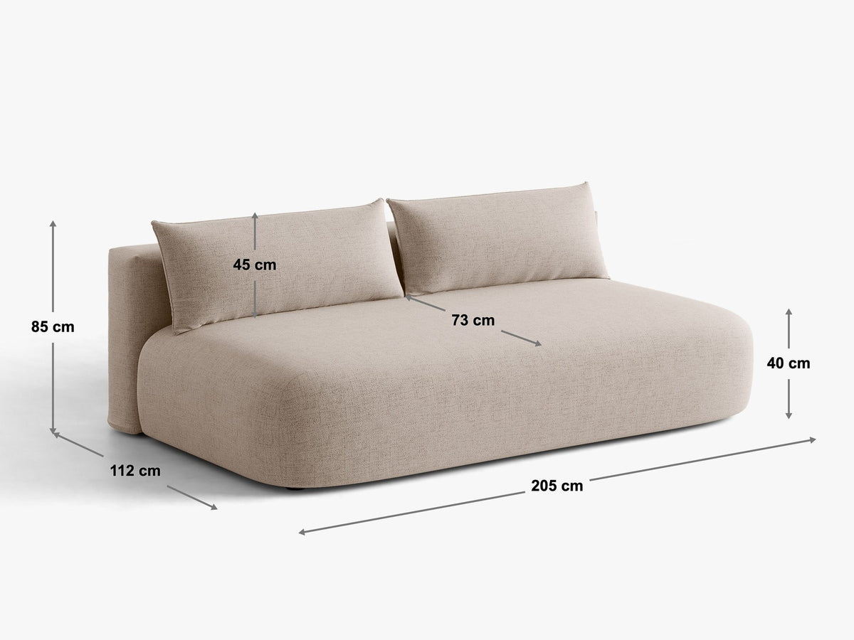 Beiges 3er Sofa Hena von Micadoni mit Chenille-Stoff, abgerundeter Form ohne Armlehnen, Kunststoffbeinen und sichtbarem Bettkasten.
