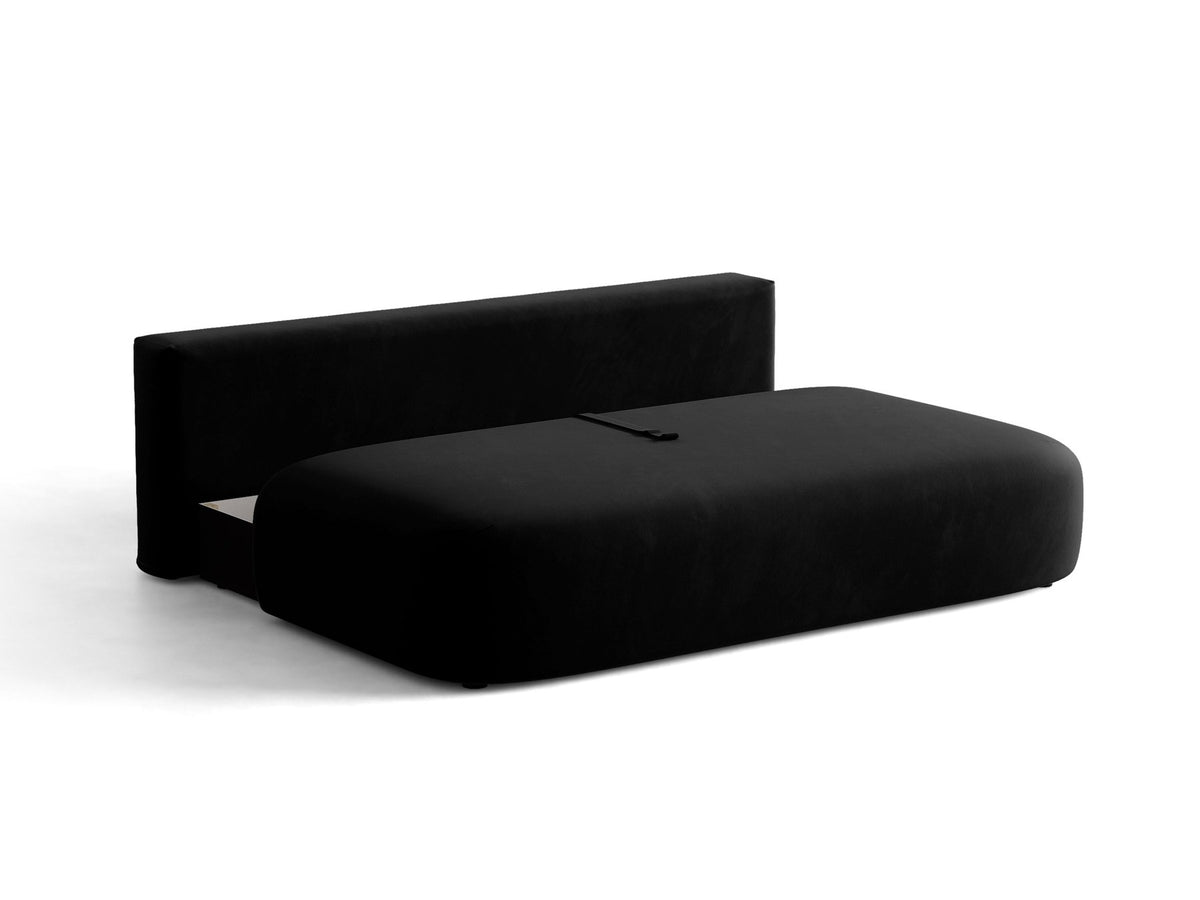 Beiges 3er Sofa Hena von Micadoni mit Chenille-Stoff, abgerundeter Form ohne Armlehnen, Kunststoffbeinen und sichtbarem Bettkasten.