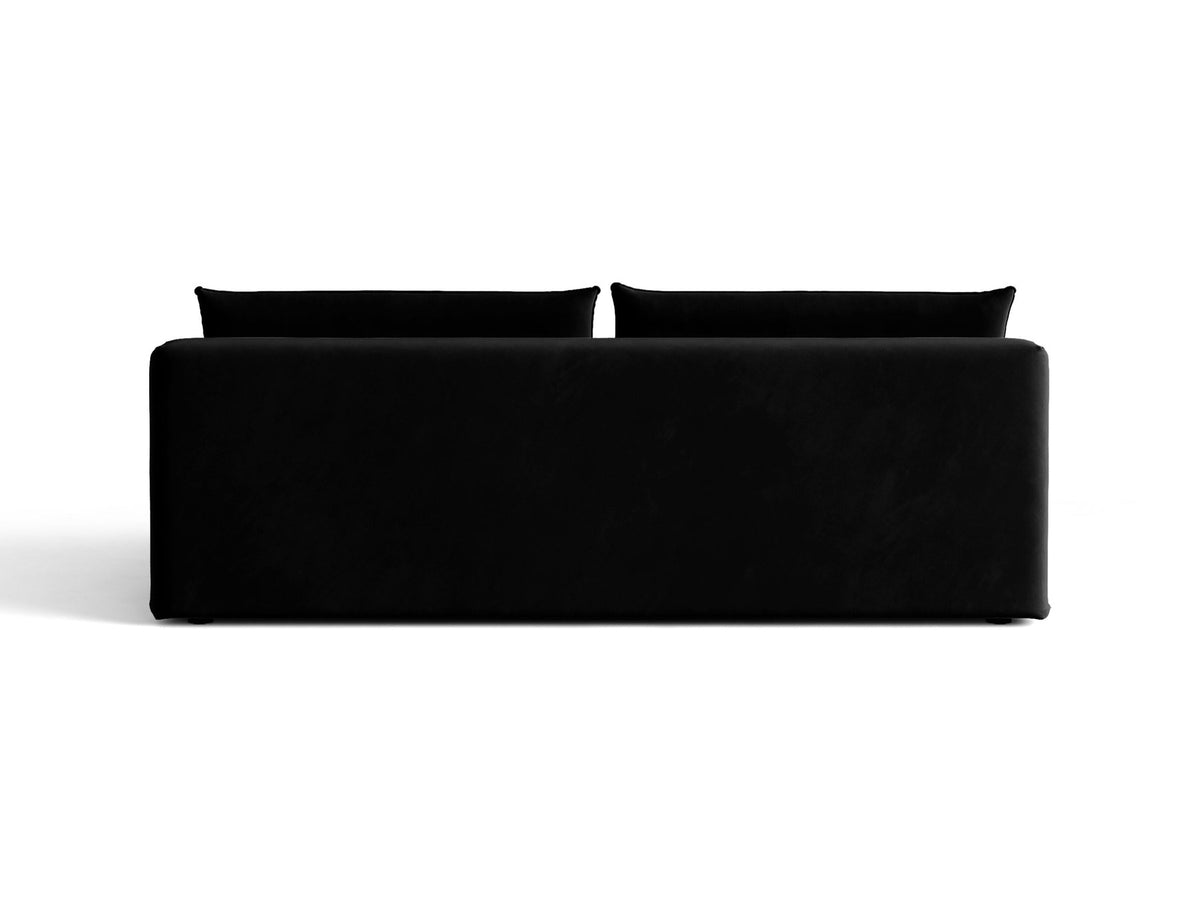 Beiges 3er Sofa Hena von Micadoni mit Chenille-Stoff, abgerundeter Form ohne Armlehnen, Kunststoffbeinen und sichtbarem Bettkasten.