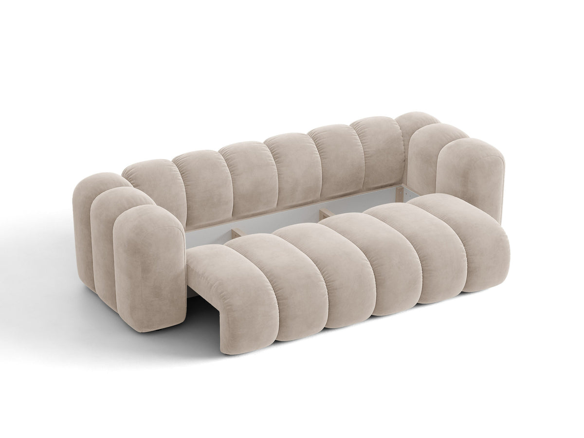 Micadoni Lupine 3er Sofa in leichtem Beige mit Bettfunktion, Stauraum im Bettkasten und schwarzen Kunststoffbeinen, Stoffbezug Eden 2 Pearl