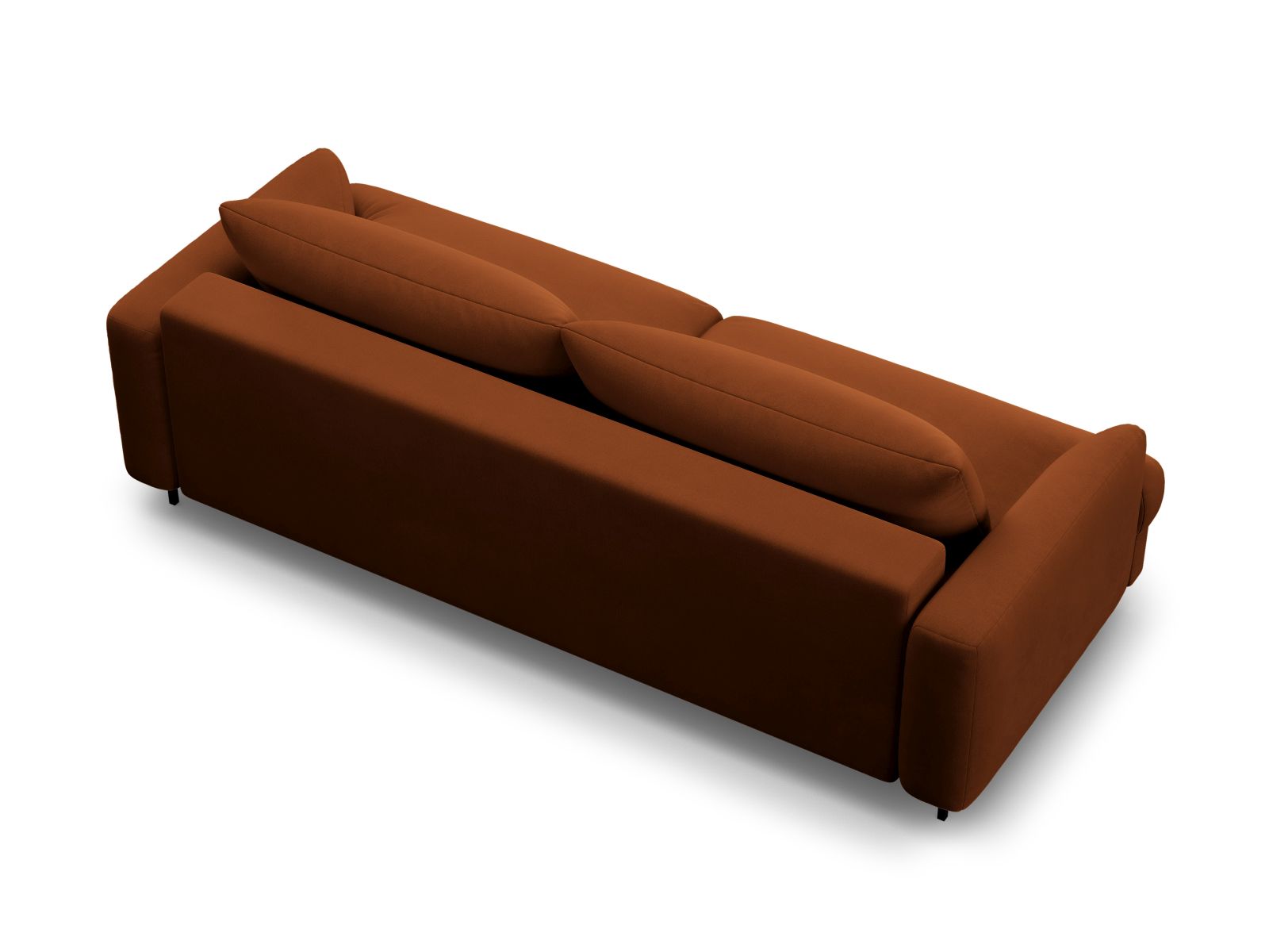 Stylisches 3-Sitzer Sofa Naomi in elegantem Terracotta, ideal für Wohnräume, bietet Schlaffunktion und praktischen Stauraum.