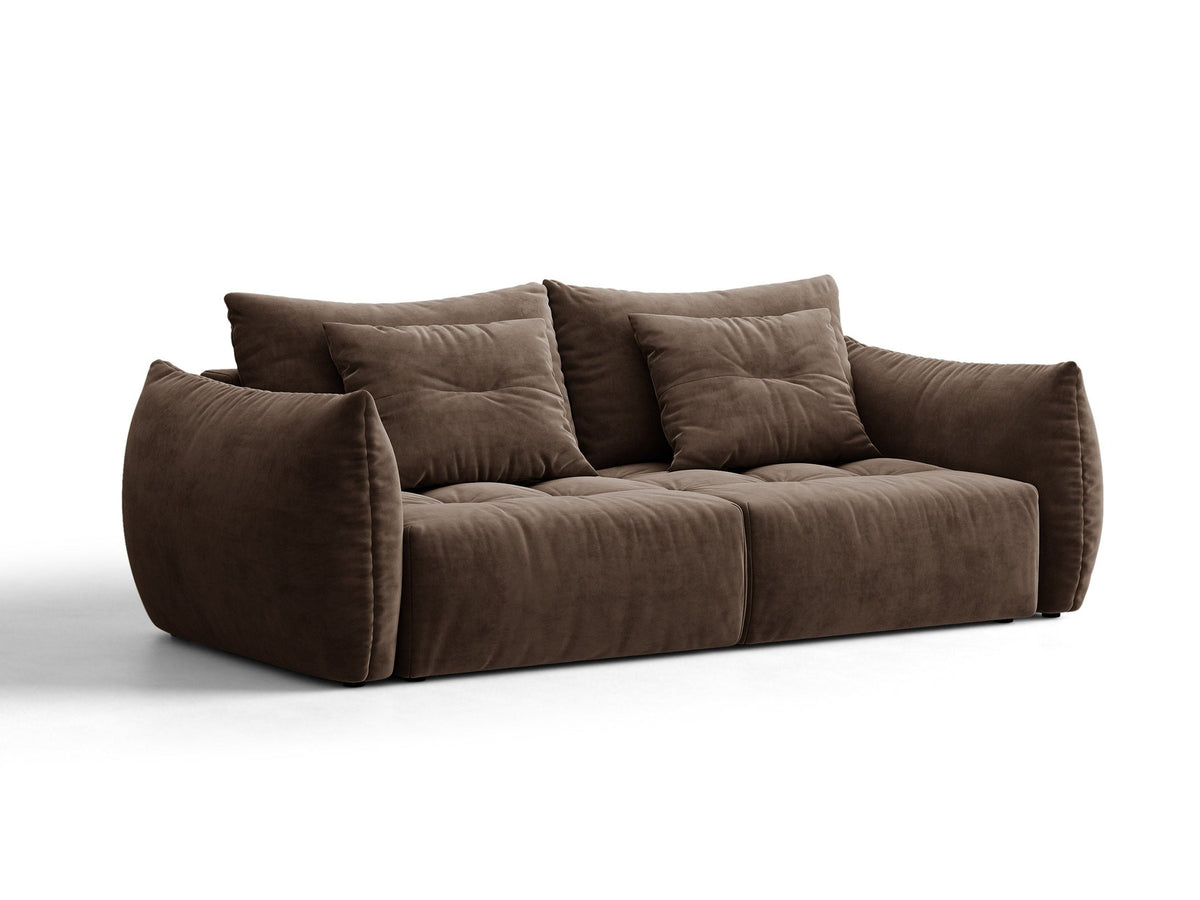 Beiges 3er Sofa Bloom von Micadoni aus samtigem Casino-Stoff mit schwarzen Kunststoffbeinen, ausklappbarer Bettfunktion und Stauraumfach.