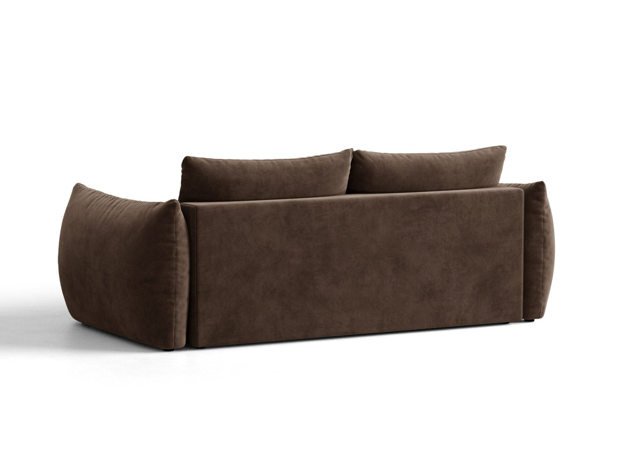 Beiges 3er Sofa Bloom von Micadoni aus samtigem Casino-Stoff mit schwarzen Kunststoffbeinen, ausklappbarer Bettfunktion und Stauraumfach.