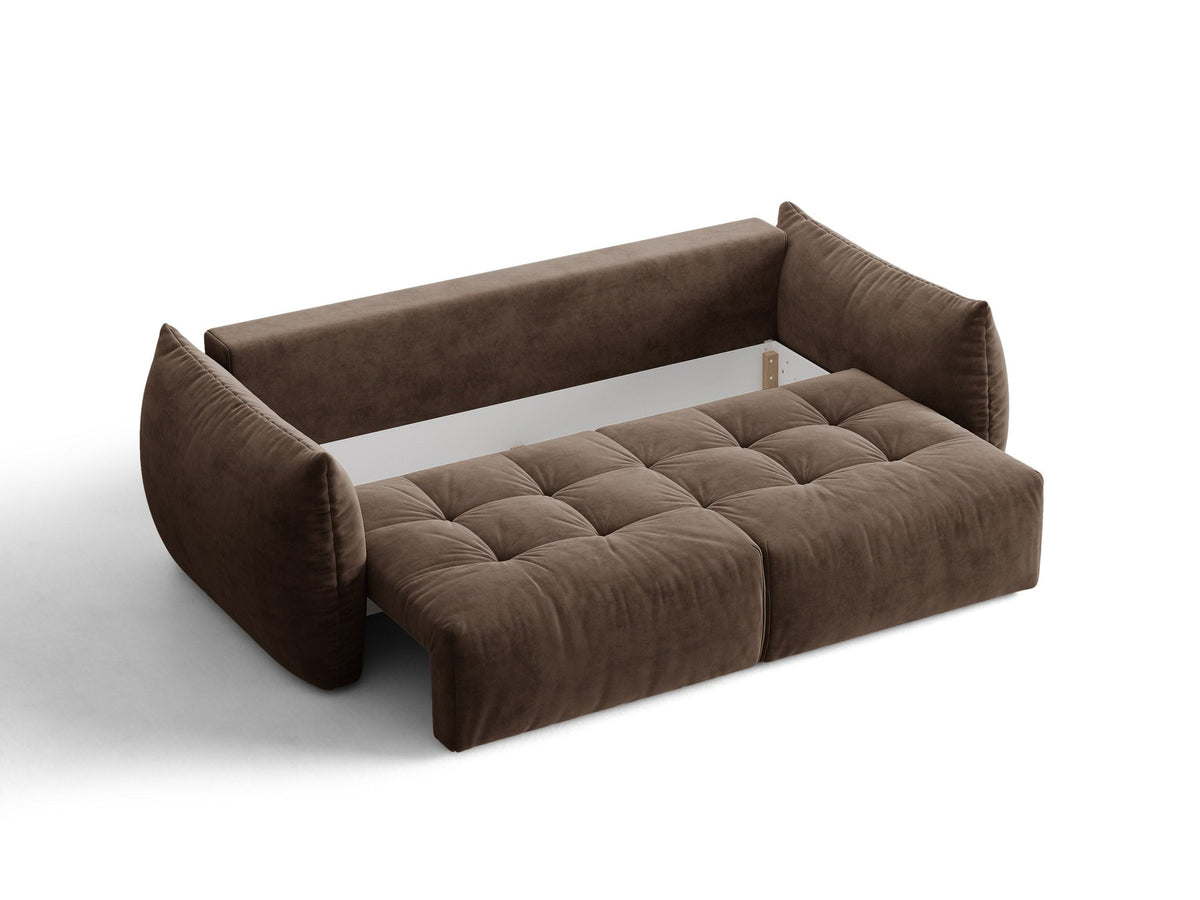 Beiges 3er Sofa Bloom von Micadoni aus samtigem Casino-Stoff mit schwarzen Kunststoffbeinen, ausklappbarer Bettfunktion und Stauraumfach.