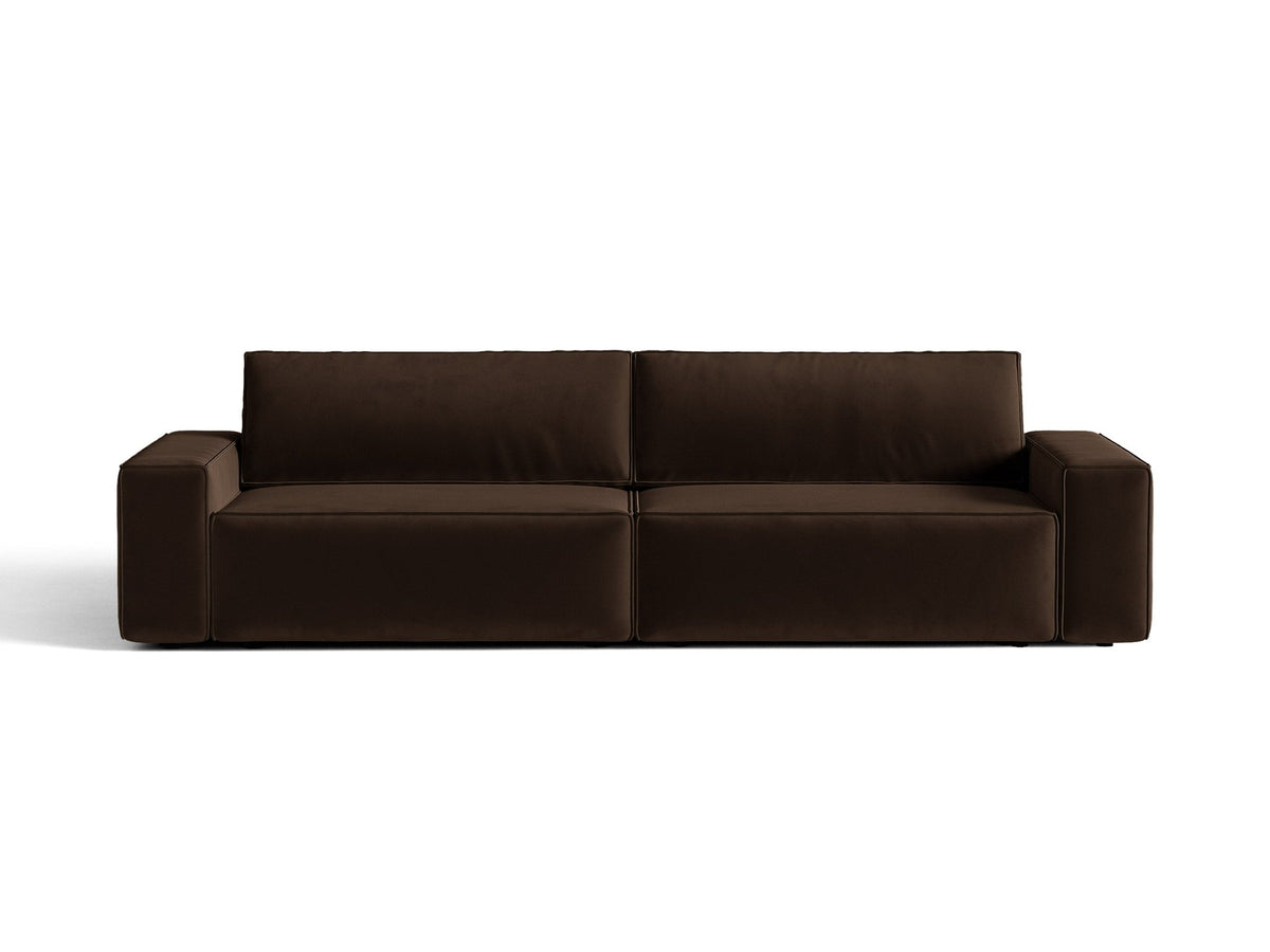 Braunes 3er Sofa Jodie von Micadoni mit Stoffbezug, schwarzen Kunststoffbeinen, ausklappbarer Bettfunktion und integriertem Stauraum im Sitzbereich.