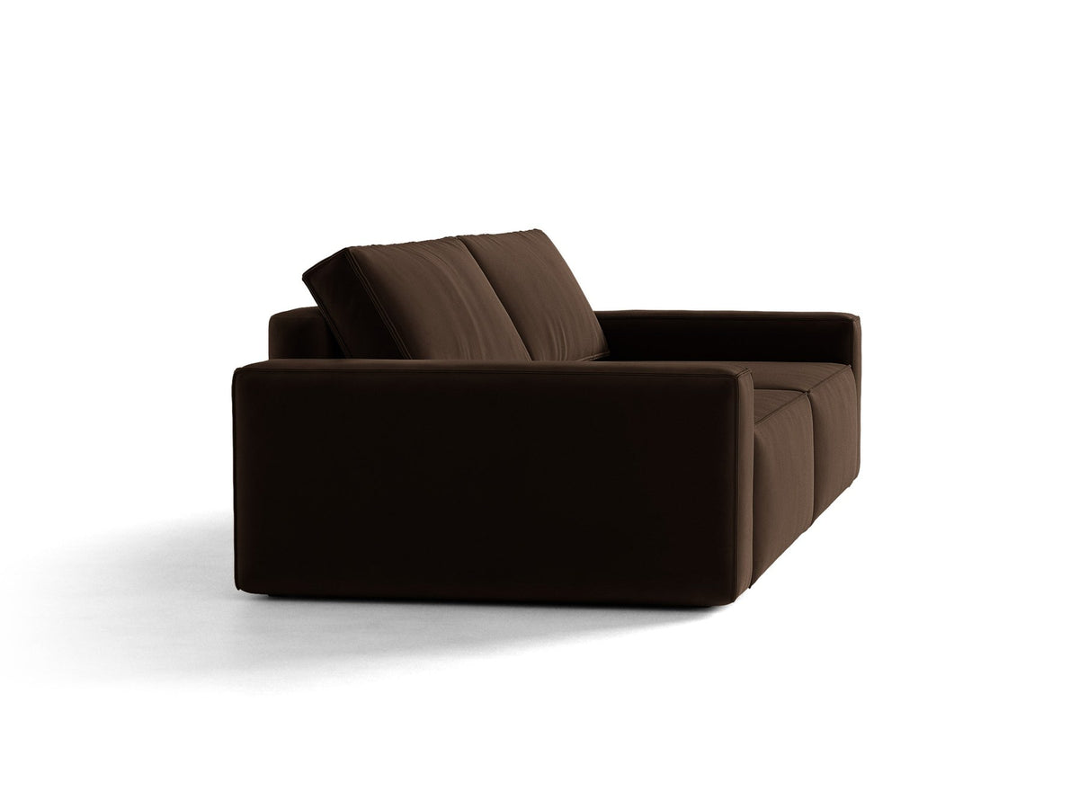 Braunes 3er Sofa Jodie von Micadoni mit Stoffbezug, schwarzen Kunststoffbeinen, ausklappbarer Bettfunktion und integriertem Stauraum im Sitzbereich.