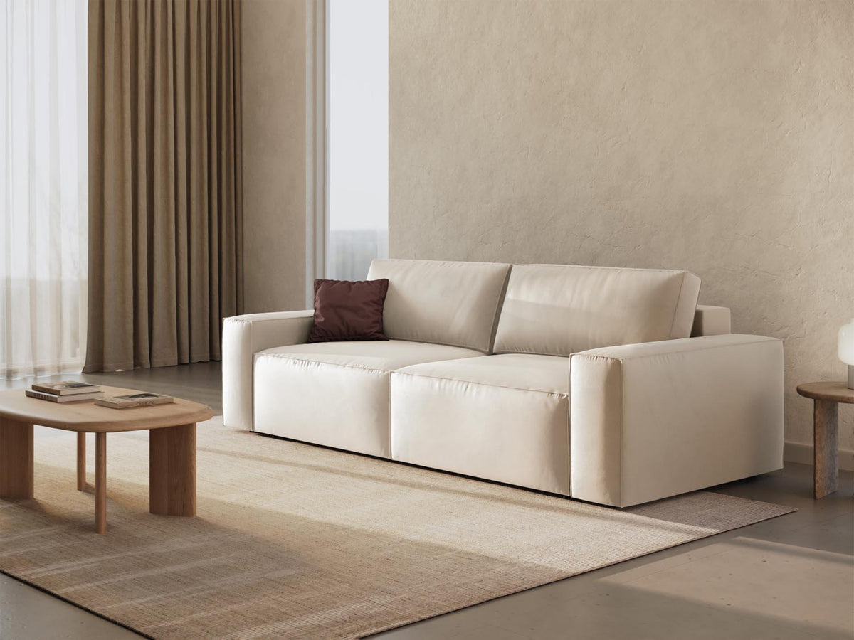 Jodie Velour Sofa mit Schlaffunktion und Stauraumbox 3 Sitzer in Light Beige-Bluvel präsentiert im Onlineshop von KAQTU Design AG. Bettsofa ist von Micadoni