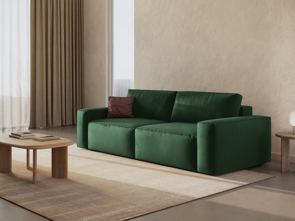 Jodie Velour Sofa mit Schlaffunktion und Stauraumbox 3 Sitzer in Bottle Green-Bluvel präsentiert im Onlineshop von KAQTU Design AG. Bettsofa ist von Micadoni