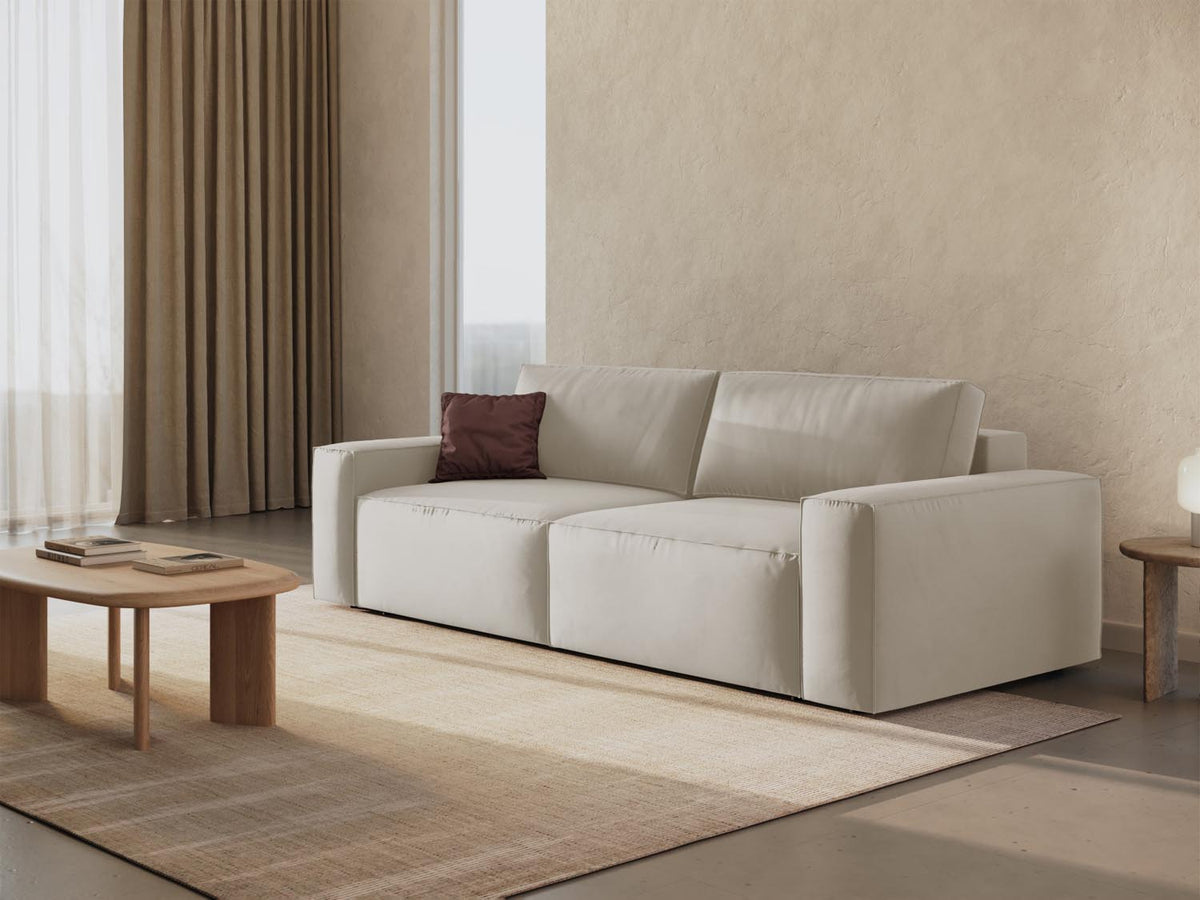 Jodie Velour Sofa mit Schlaffunktion und Stauraumbox 3 Sitzer in Dark Beige-Bluvel präsentiert im Onlineshop von KAQTU Design AG. Bettsofa ist von Micadoni