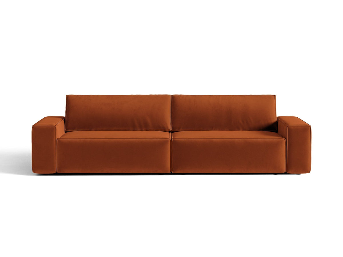 Braunes 3er Sofa Jodie von Micadoni mit Stoffbezug, schwarzen Kunststoffbeinen, ausklappbarer Bettfunktion und integriertem Stauraum im Sitzbereich.