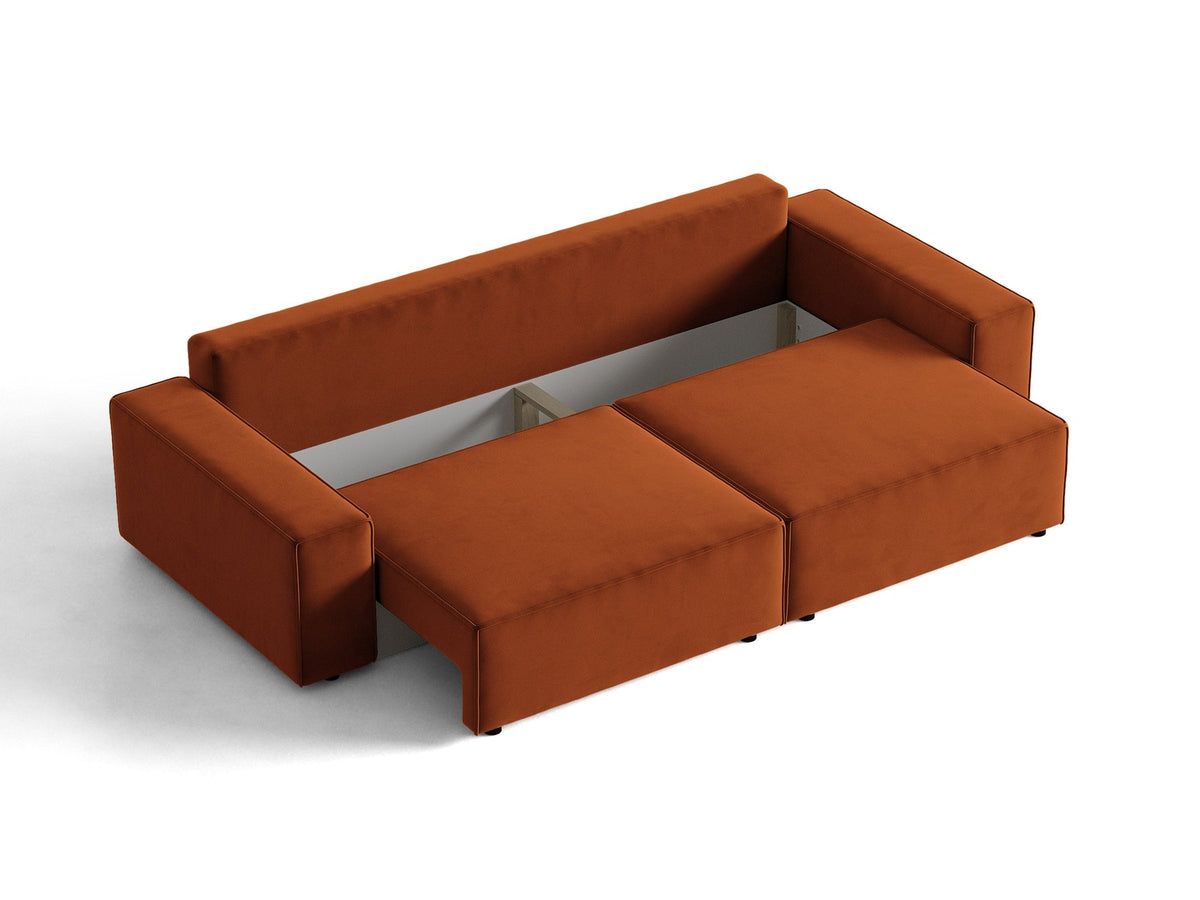 Braunes 3er Sofa Jodie von Micadoni mit Stoffbezug, schwarzen Kunststoffbeinen, ausklappbarer Bettfunktion und integriertem Stauraum im Sitzbereich.
