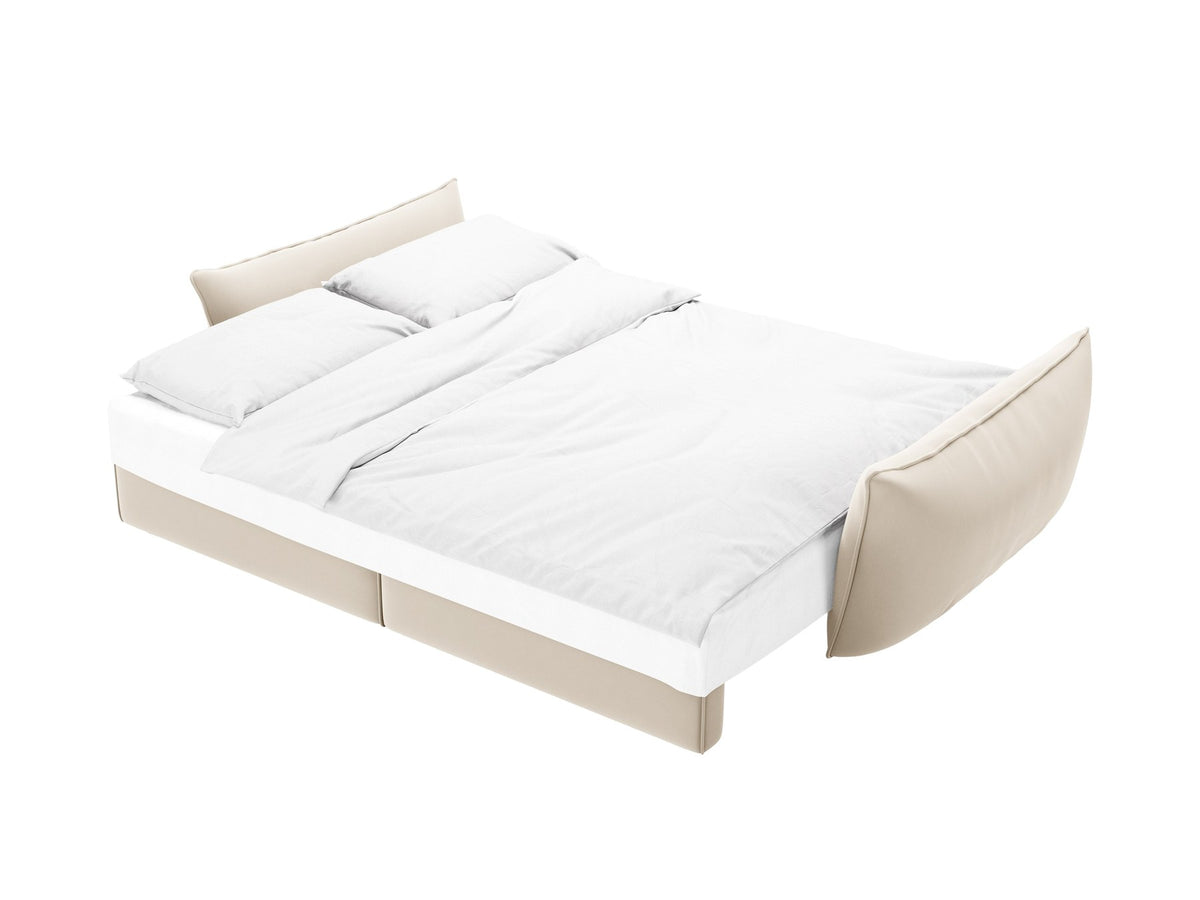 3-Sitzer Sofa Kaelle von Micadoni in leichtem Beige mit Chenille-Bezug, Bettkasten und schwarzen Kunststoffbeinen, Frontalansicht.