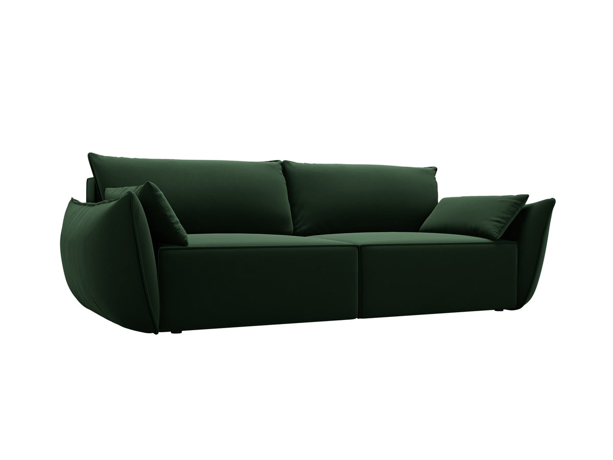 3-Sitzer Sofa Kaelle von Micadoni in leichtem Beige mit Chenille-Bezug, Bettkasten und schwarzen Kunststoffbeinen, Frontalansicht.