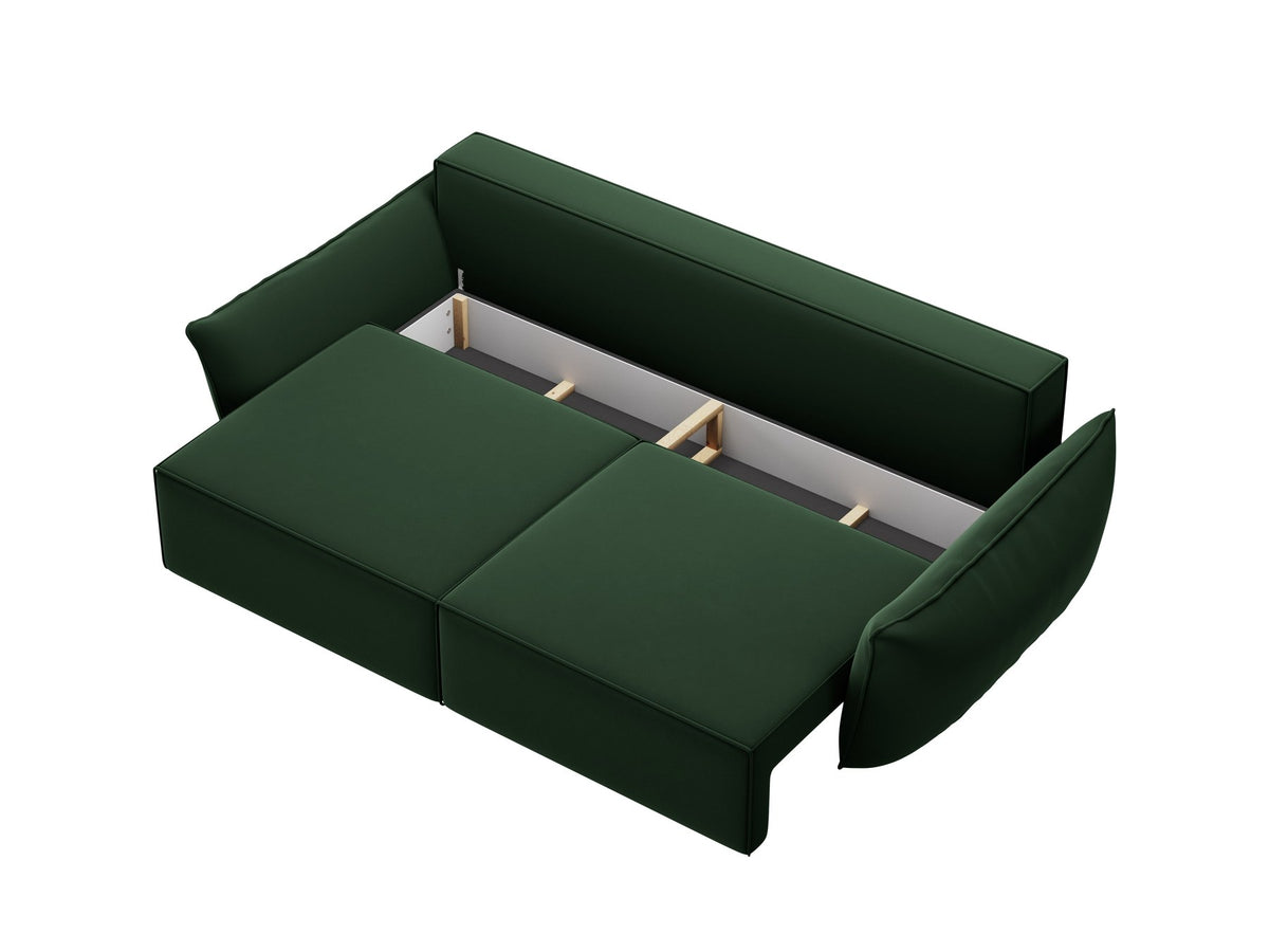 3-Sitzer Sofa Kaelle von Micadoni in leichtem Beige mit Chenille-Bezug, Bettkasten und schwarzen Kunststoffbeinen, Frontalansicht.