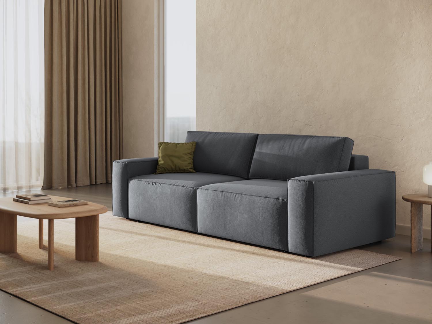 Elegantes Jodie Sofa in Dunkelgrau, 3-Sitzer mit Schlaffunktion und Stauraum, ideal für modernes Wohnen und Gästeübernachtungen.
