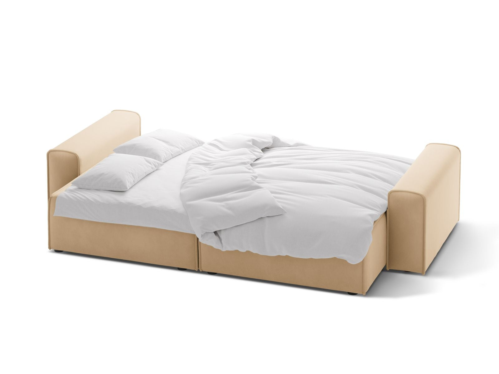 Stylisches 3-Sitzer Sofa Victor in zartem Nude-Paris, perfekt für Wohnräume, bietet Schlaffunktion und cleveren Stauraum.