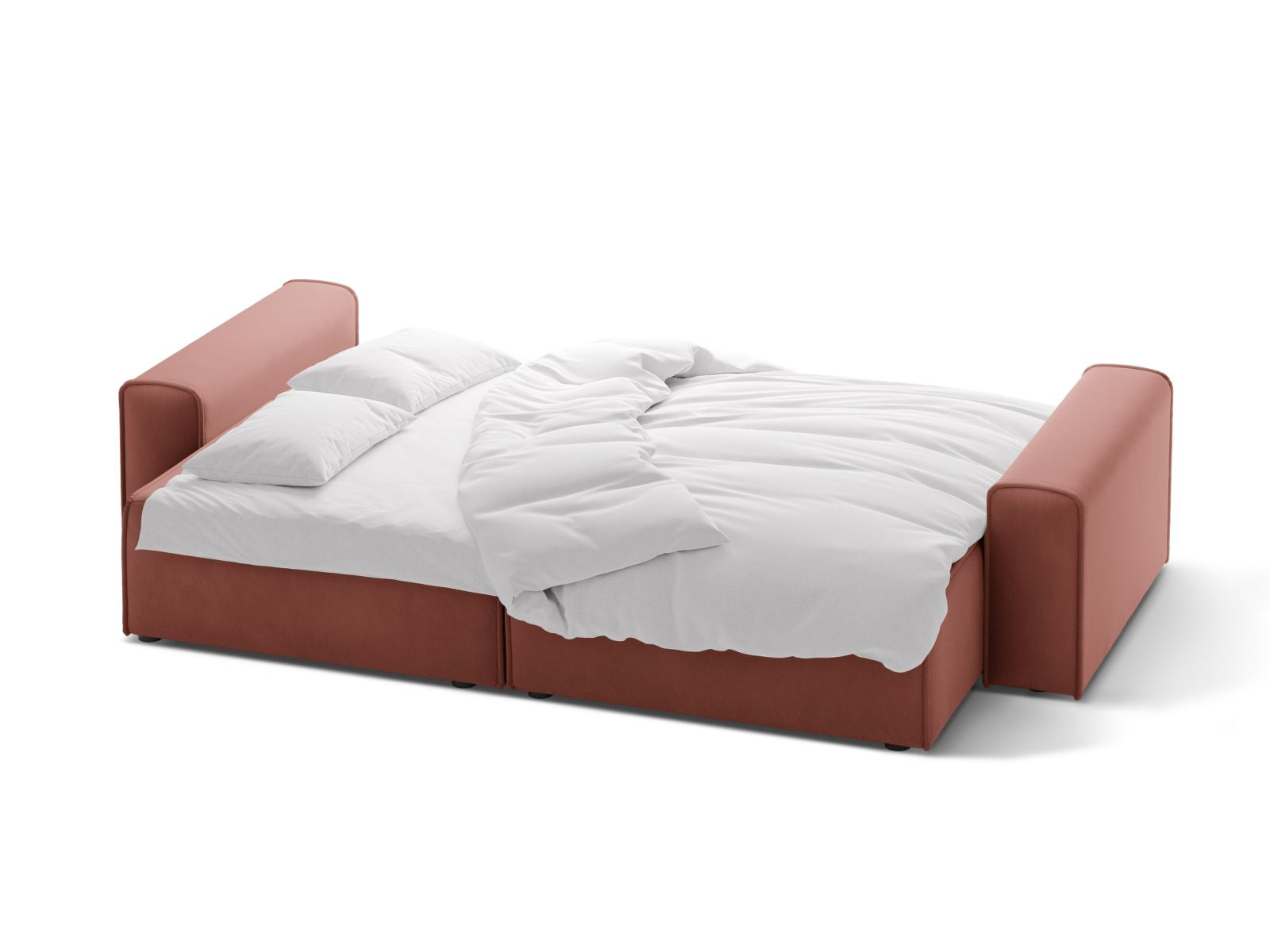 Elegantes 3-Sitzer Sofa Victor in lebhaftem Pink, bietet eine komfortable Schlaffunktion und cleveren Stauraum für vielseitige Nutzung.