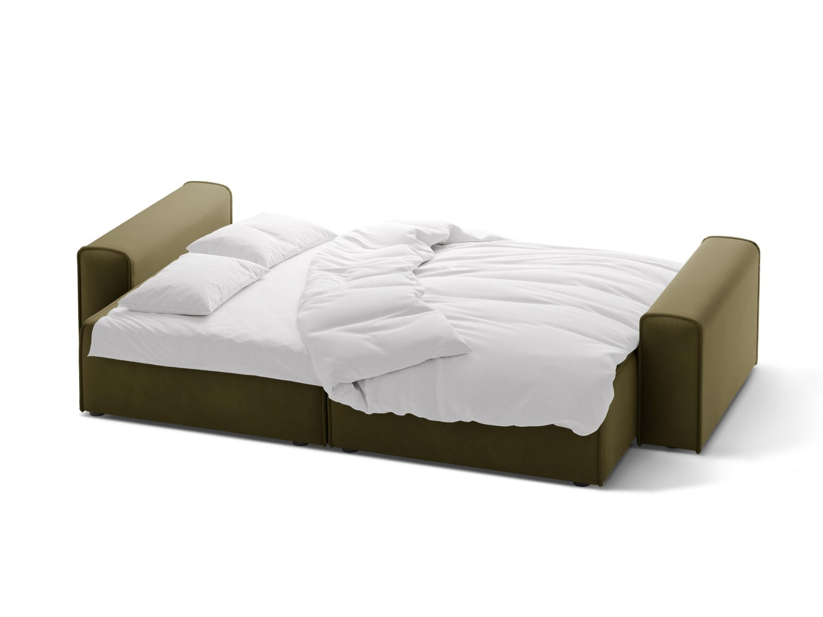 Stylisches 3-Sitzer Sofa Victor in einem modernen Moss Green Melange, perfekt für Gästeübernachtungen und mit praktischem Stauraum.