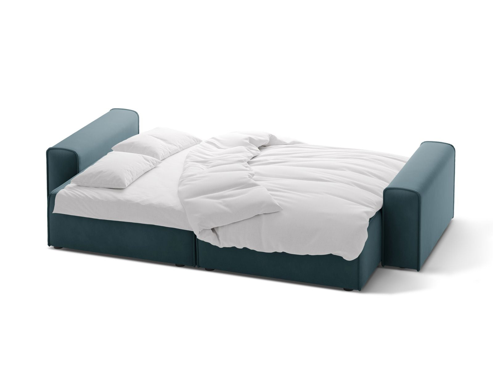 Modernes 3-Sitzer Sofa Victor in stilvollem Blau, ausgestattet mit einer komfortablen Schlaffunktion und cleverem Stauraum für mehr Ordnung.