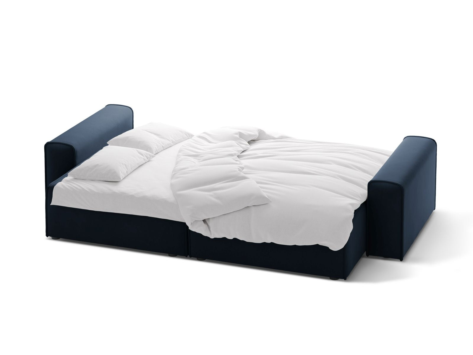 Stylisches 3-Sitzer Sofa Victor in tiefem Blau, multifunktional mit Schlaffunktion und integriertem Stauraum für optimalen Komfort.