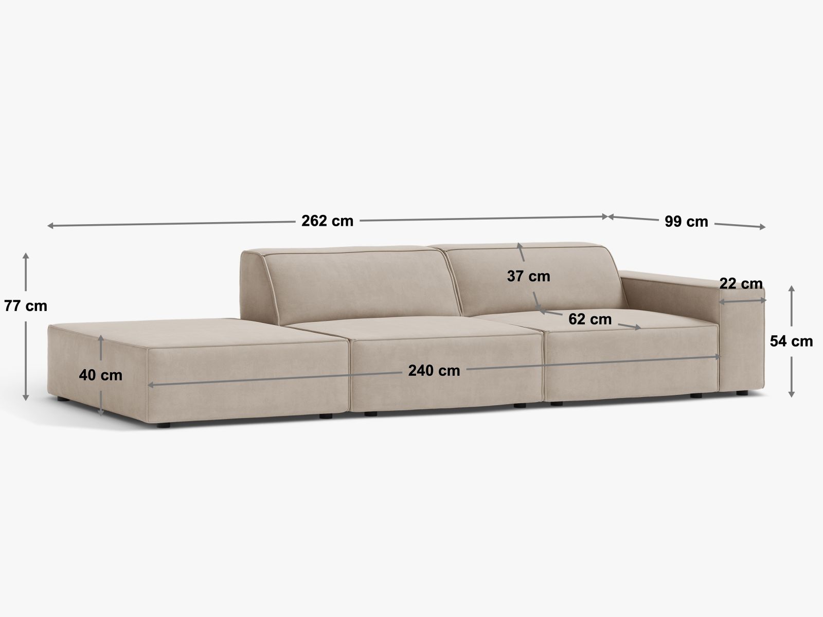 Modulares 3-Sitzer Sofa Jodie in modernem Grau, mit linksseitiger Armlehne, perfekt für gemütliche und stilvolle Wohnbereiche.