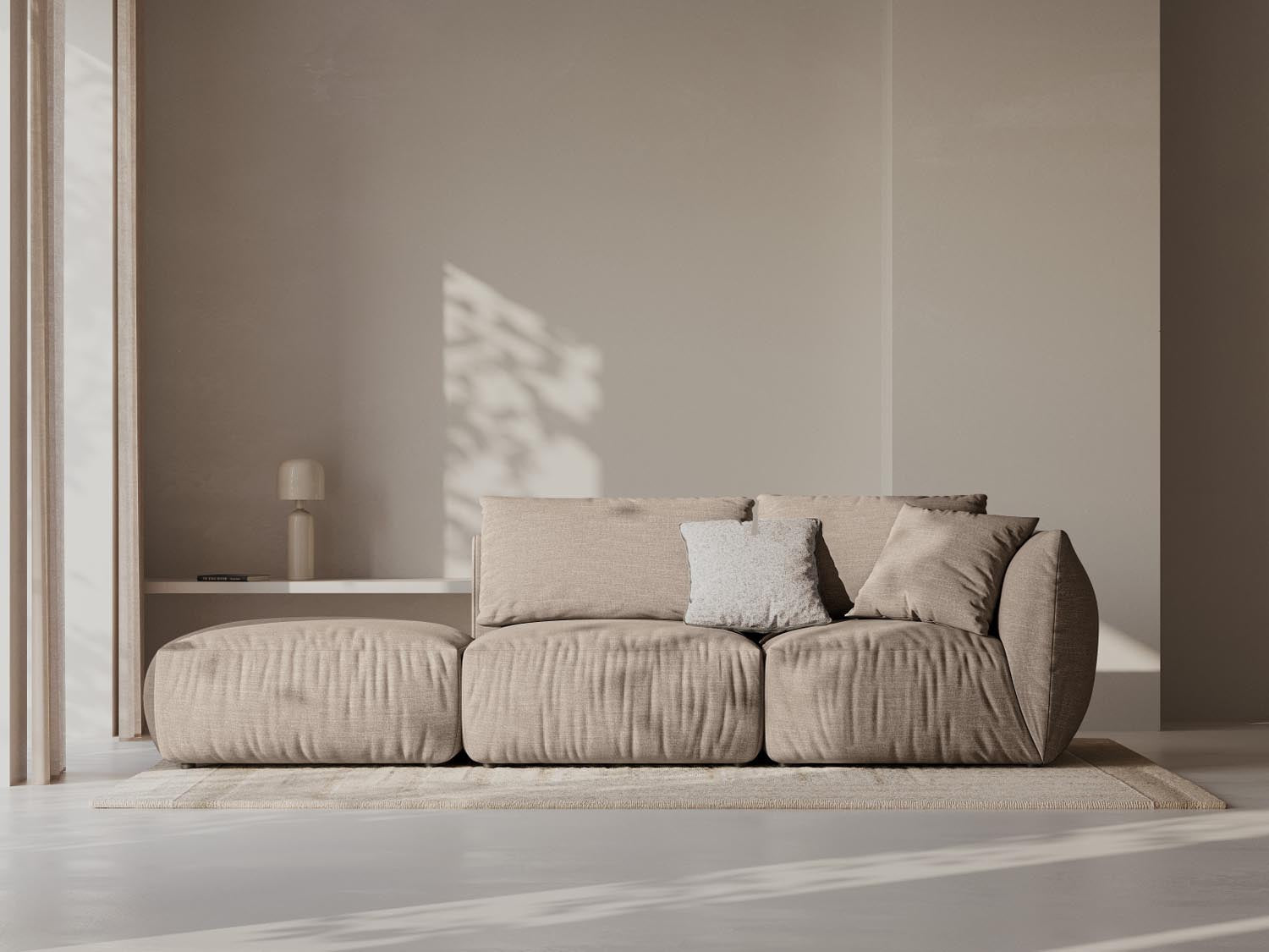 Elegantes Chris Modular Sofa links 3 Sitzer in Sand-LINS, ideal für stilvolle Wohnräume, präsentiert von Micadoni.