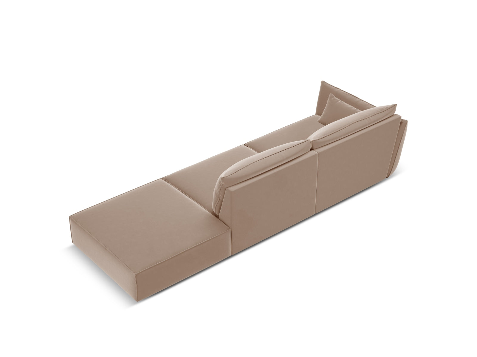 Beige Velour Sofa Kaelle, 4-Sitzer, rechtsseitig, modernes Design für gemütliche Wohnzimmer, perfekt für entspannte Abende.