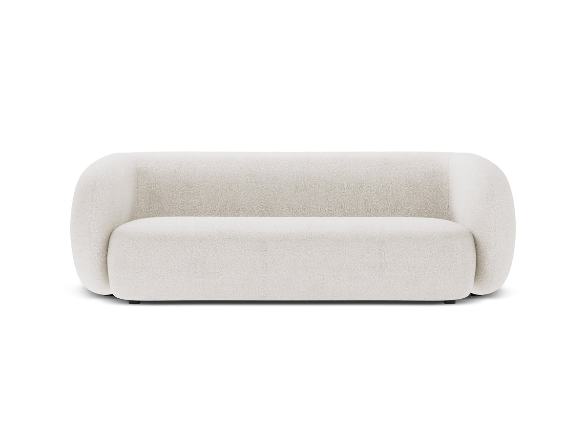 Weisses 3er Sofa Kate von Micadoni mit Bouclé-Stoffbezug, schwarzen Kunststoffbeinen und modularem Aufbau, Frontalansicht.