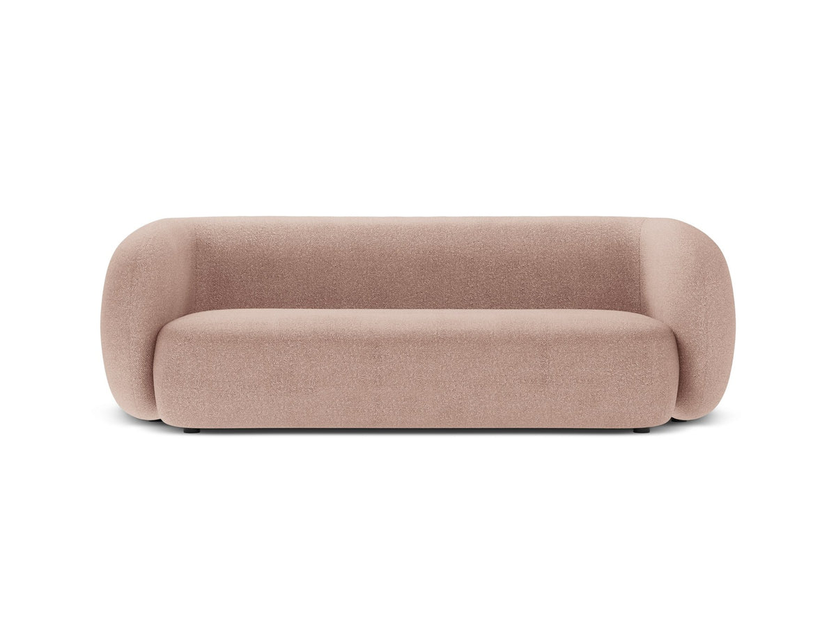 Weisses 3er Sofa Kate von Micadoni mit Bouclé-Stoffbezug, schwarzen Kunststoffbeinen und modularem Aufbau, Frontalansicht.