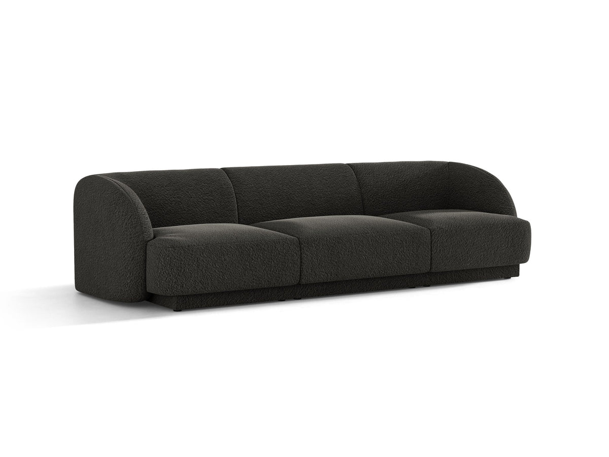 Dunkelbeiges 3er Sofa Miley von Micadoni mit Bluvel-Stoffbezug, schwarzen Kunststoffbeinen und gepolsterter Rückenlehne, Frontalansicht.