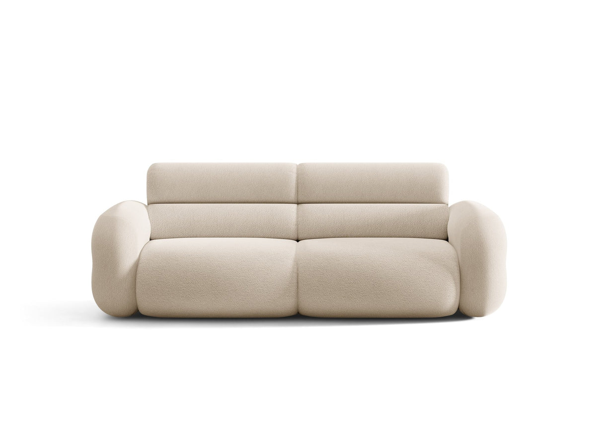 3er Sofa Neo von Micadoni in dunklem Olivgrün, mit strukturiertem Bouclé-Stoff, schwarzen Kunststoffbeinen und hoher gepolsterter Rückenlehne.