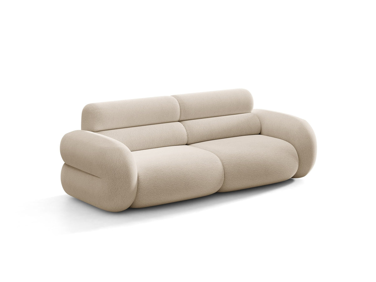 3er Sofa Neo von Micadoni in dunklem Olivgrün, mit strukturiertem Bouclé-Stoff, schwarzen Kunststoffbeinen und hoher gepolsterter Rückenlehne.