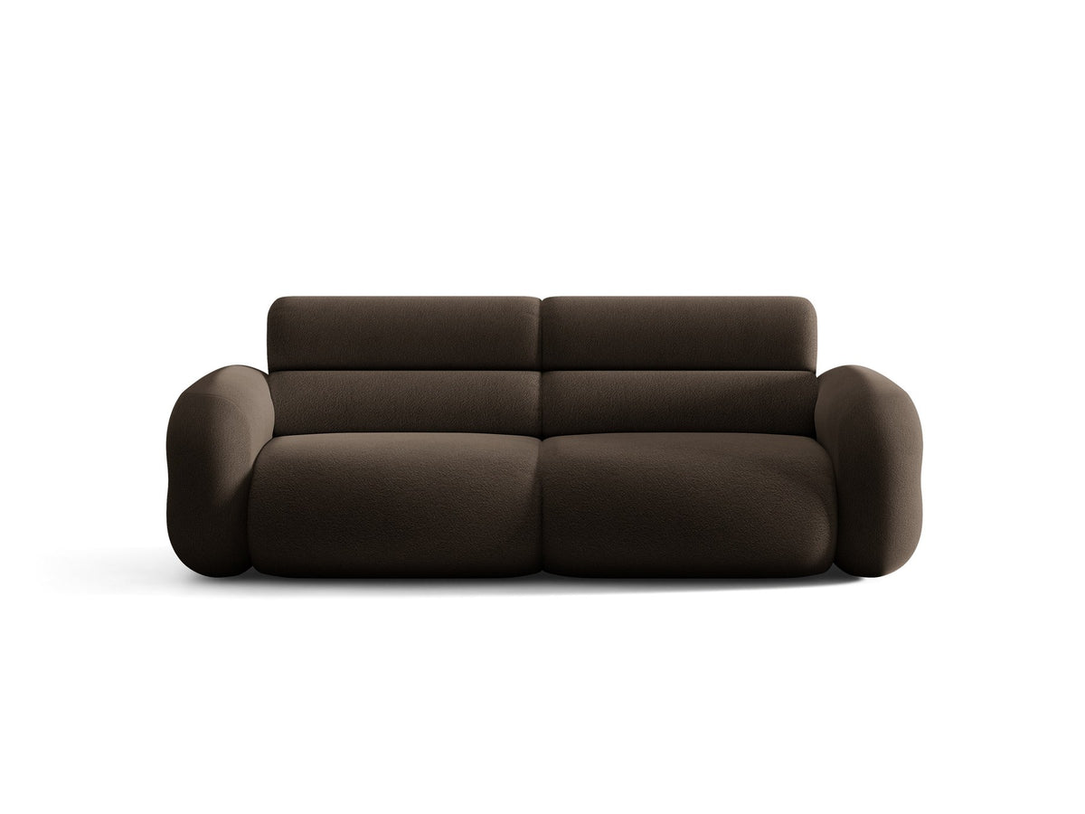 3er Sofa Neo von Micadoni in dunklem Olivgrün, mit strukturiertem Bouclé-Stoff, schwarzen Kunststoffbeinen und hoher gepolsterter Rückenlehne.