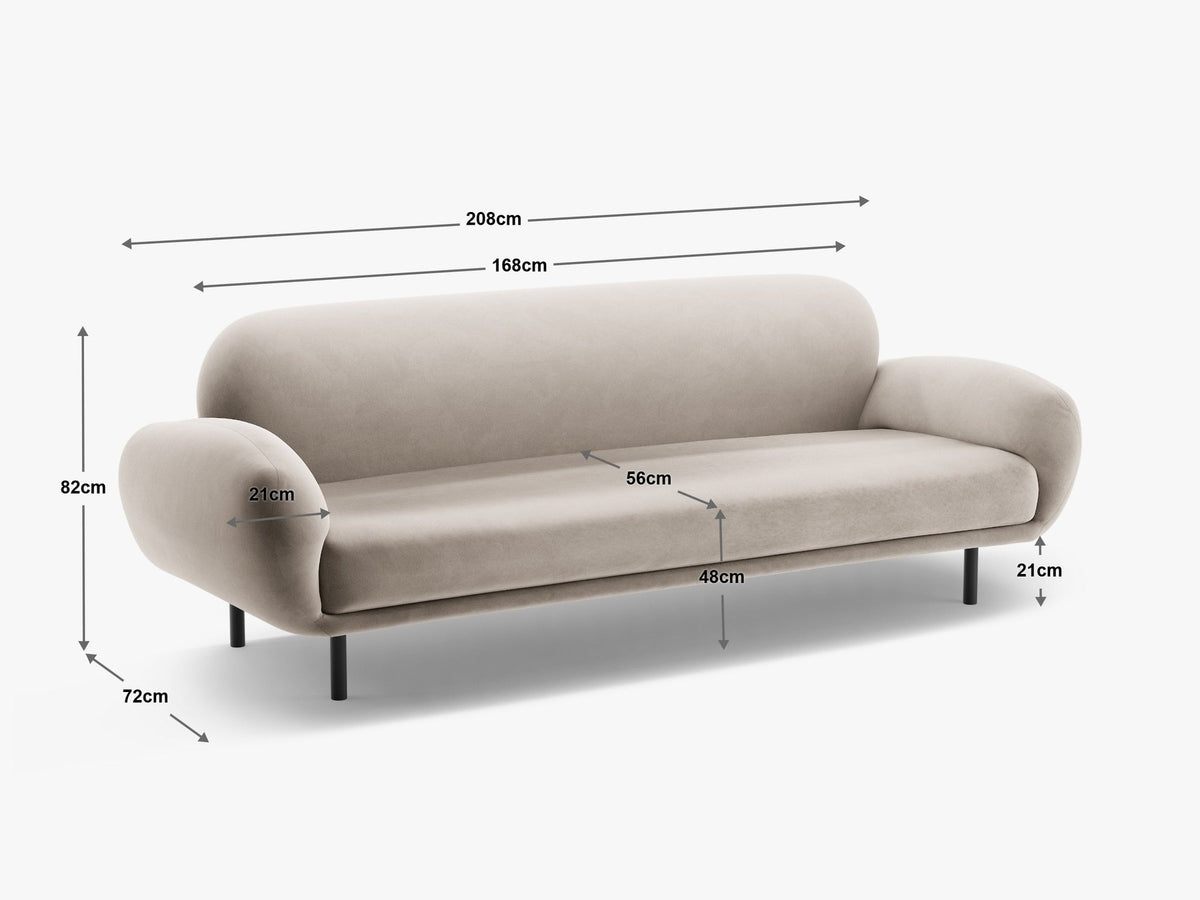 Weisses 3er Sofa Poppy von Micadoni mit strukturiertem Bouclé-Stoff, abgerundeter Silhouette und schlanken schwarzen Metallbeinen.