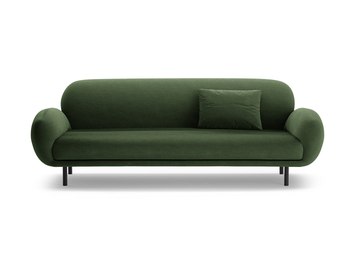 Weisses 3er Sofa Poppy von Micadoni mit strukturiertem Bouclé-Stoff, abgerundeter Silhouette und schlanken schwarzen Metallbeinen.