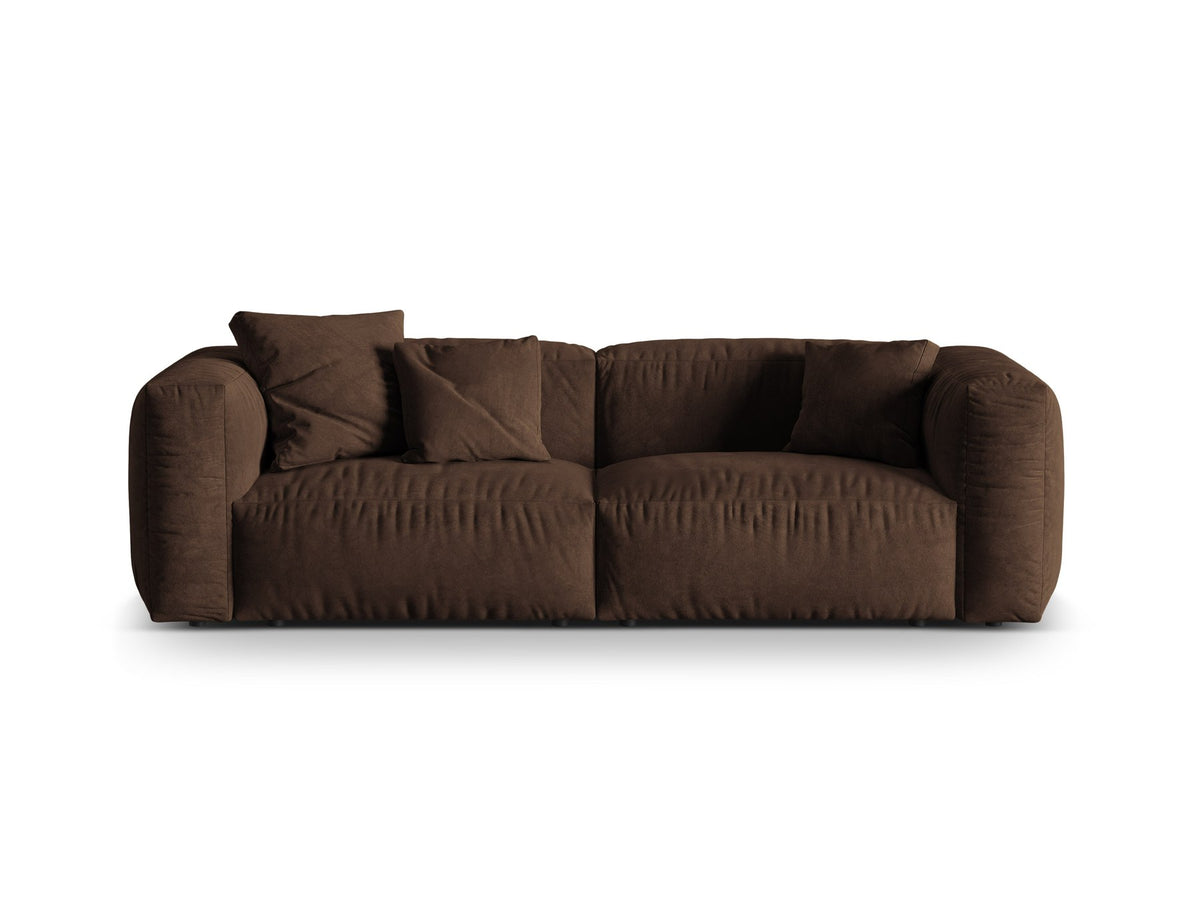 Micadoni Martina Modulare Sofa XL, 3er Sofa in Schokolade mit Stoffbezug Vogue 6 und schwarzen Beinen aus Polypropylen, frontale Ansicht.