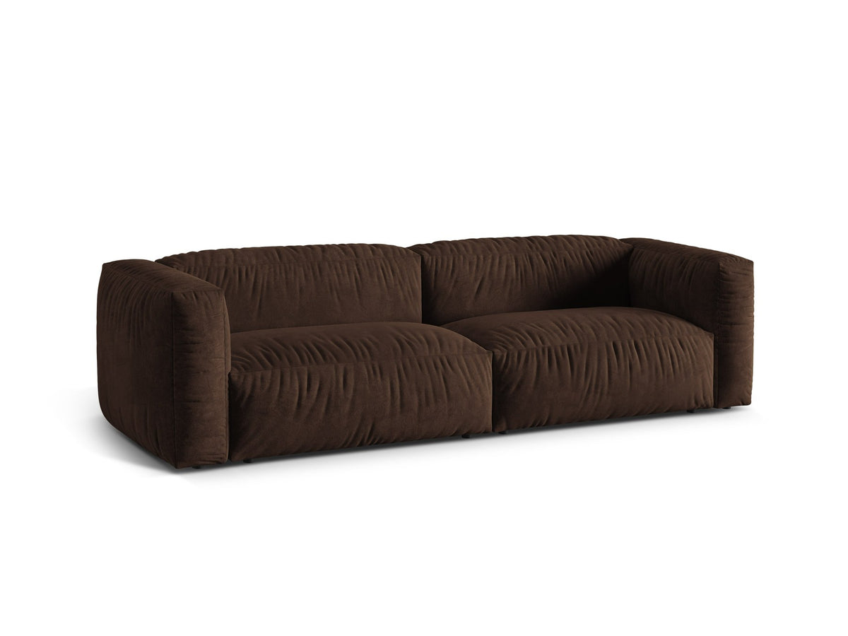 Micadoni Martina Modulare Sofa XL, 3er Sofa in Schokolade mit Stoffbezug Vogue 6 und schwarzen Beinen aus Polypropylen, frontale Ansicht.