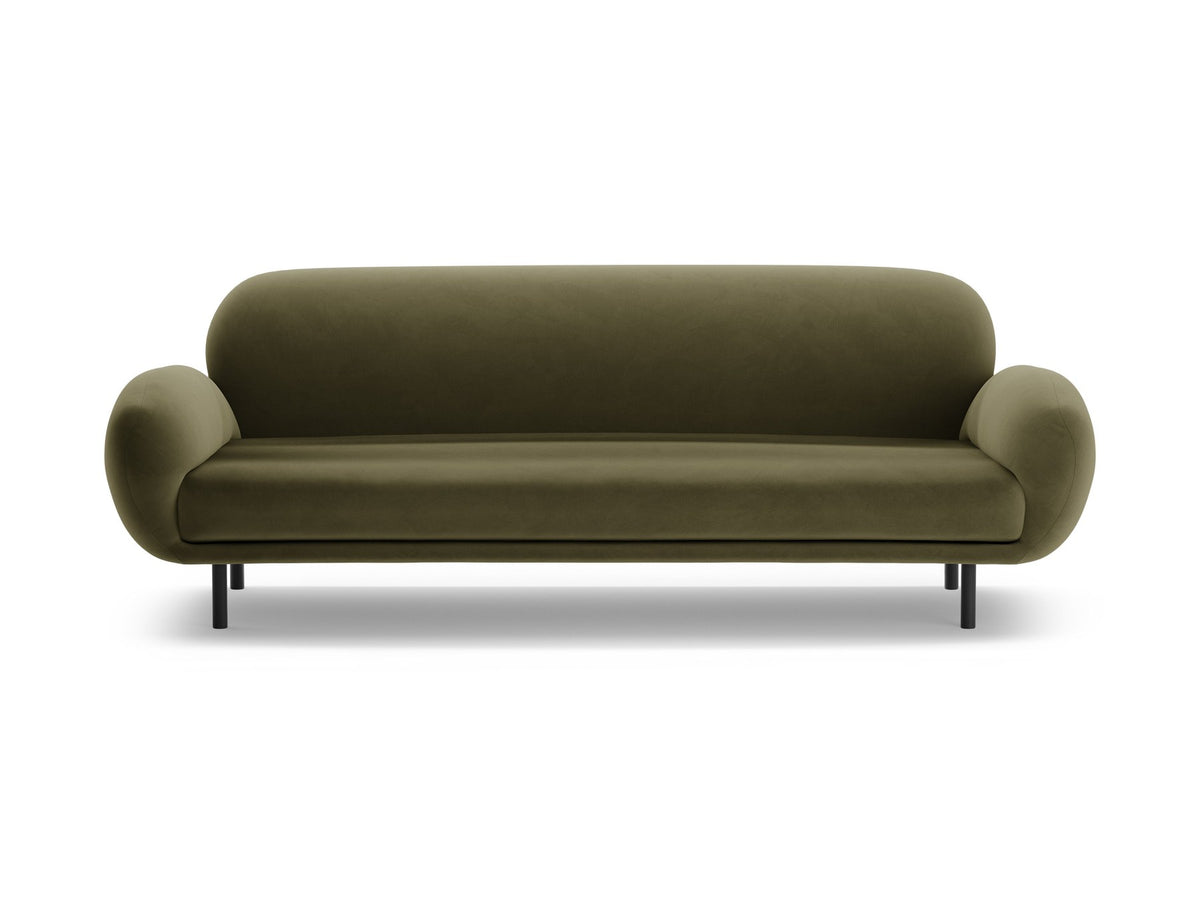 Weisses 3er Sofa Poppy von Micadoni mit strukturiertem Bouclé-Stoff, abgerundeter Silhouette und schlanken schwarzen Metallbeinen.