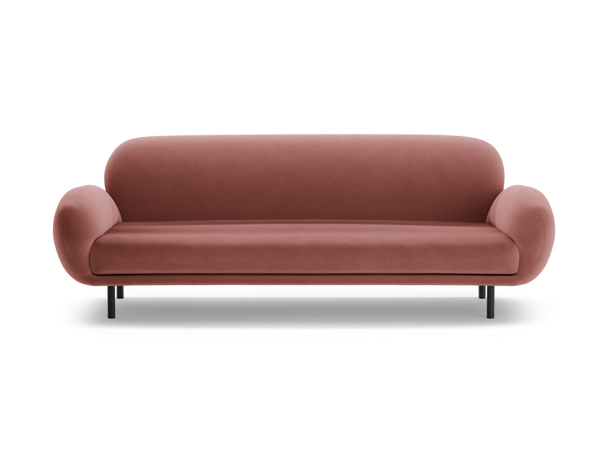 Weisses 3er Sofa Poppy von Micadoni mit strukturiertem Bouclé-Stoff, abgerundeter Silhouette und schlanken schwarzen Metallbeinen.