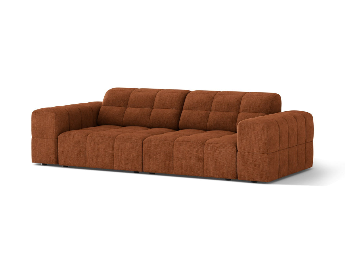 Beige gepolstertes 3er Sofa Jennifer von Micadoni mit schwarzen Kunststoffbeinen und leicht geneigter Rückenlehne, Stoffbezug Bluvel.