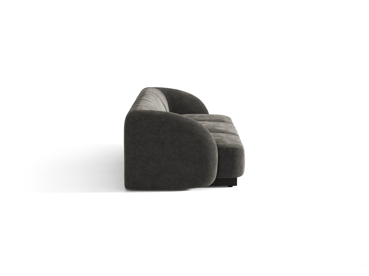 Dunkelbeiges 3er Sofa Miley von Micadoni mit Bluvel-Stoffbezug, schwarzen Kunststoffbeinen und gepolsterter Rückenlehne, Frontalansicht.