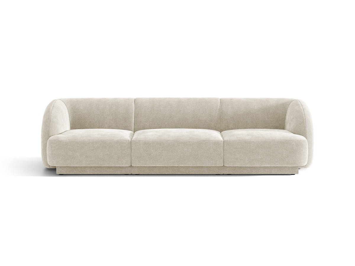 Dunkelbeiges 3er Sofa Miley von Micadoni mit Bluvel-Stoffbezug, schwarzen Kunststoffbeinen und gepolsterter Rückenlehne, Frontalansicht.