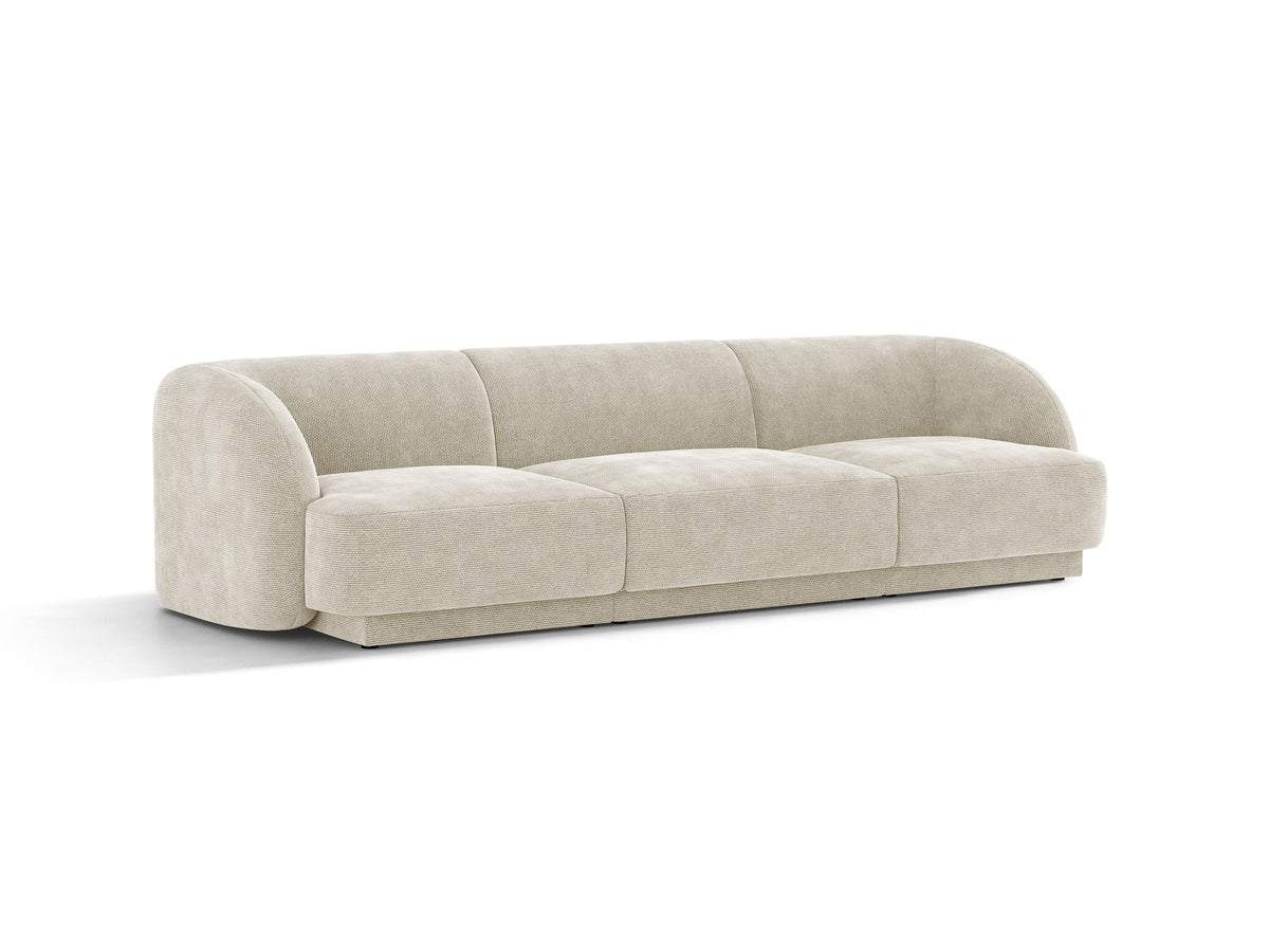 Dunkelbeiges 3er Sofa Miley von Micadoni mit Bluvel-Stoffbezug, schwarzen Kunststoffbeinen und gepolsterter Rückenlehne, Frontalansicht.