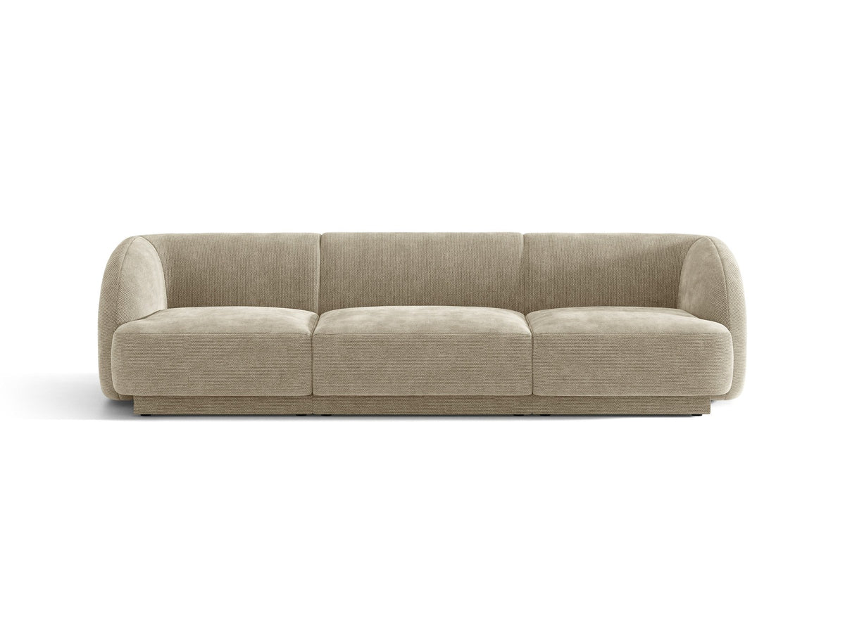 Dunkelbeiges 3er Sofa Miley von Micadoni mit Bluvel-Stoffbezug, schwarzen Kunststoffbeinen und gepolsterter Rückenlehne, Frontalansicht.