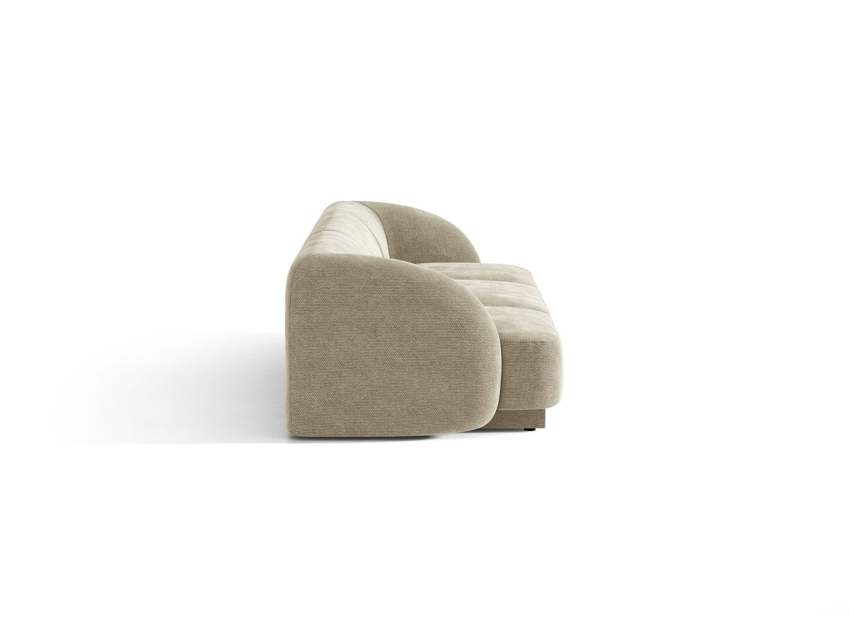 Dunkelbeiges 3er Sofa Miley von Micadoni mit Bluvel-Stoffbezug, schwarzen Kunststoffbeinen und gepolsterter Rückenlehne, Frontalansicht.