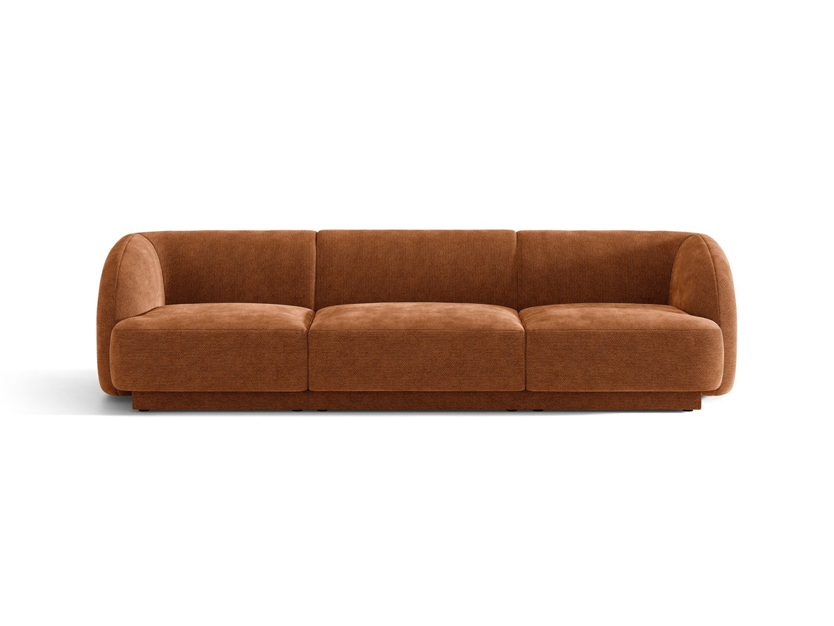 Dunkelbeiges 3er Sofa Miley von Micadoni mit Bluvel-Stoffbezug, schwarzen Kunststoffbeinen und gepolsterter Rückenlehne, Frontalansicht.