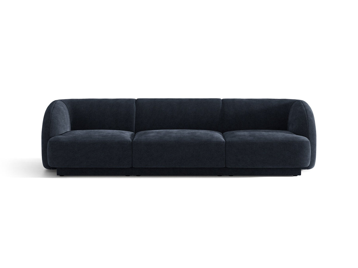 Dunkelbeiges 3er Sofa Miley von Micadoni mit Bluvel-Stoffbezug, schwarzen Kunststoffbeinen und gepolsterter Rückenlehne, Frontalansicht.