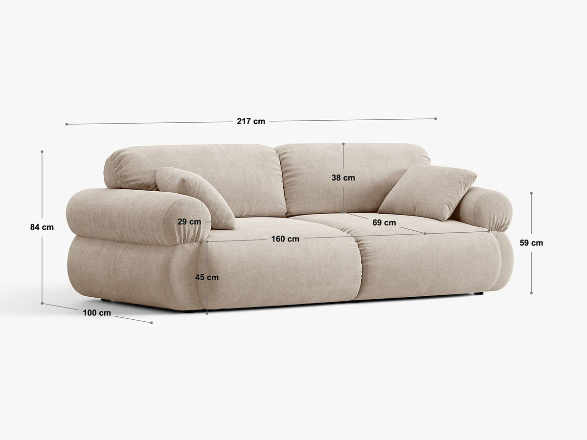 3er Sofa Ophelia von Micadoni in Beige mit Liberty Stoffbezug, niedriger Rückenlehne und schwarzen Kunststoffbeinen, modulare Bauweise sichtbar.